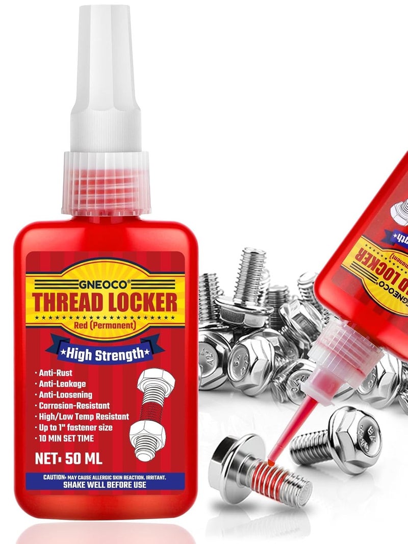 GNEOCO Thread Lock Red 1.69 Fl oz/50 ml, Threadlocker High Strength, Thread Locker for Nuts, Bolts, Fasteners and Metals, Anaerobic Curing Screw Glue to Prevent Loosening (Red (Permanent)) - Image 1